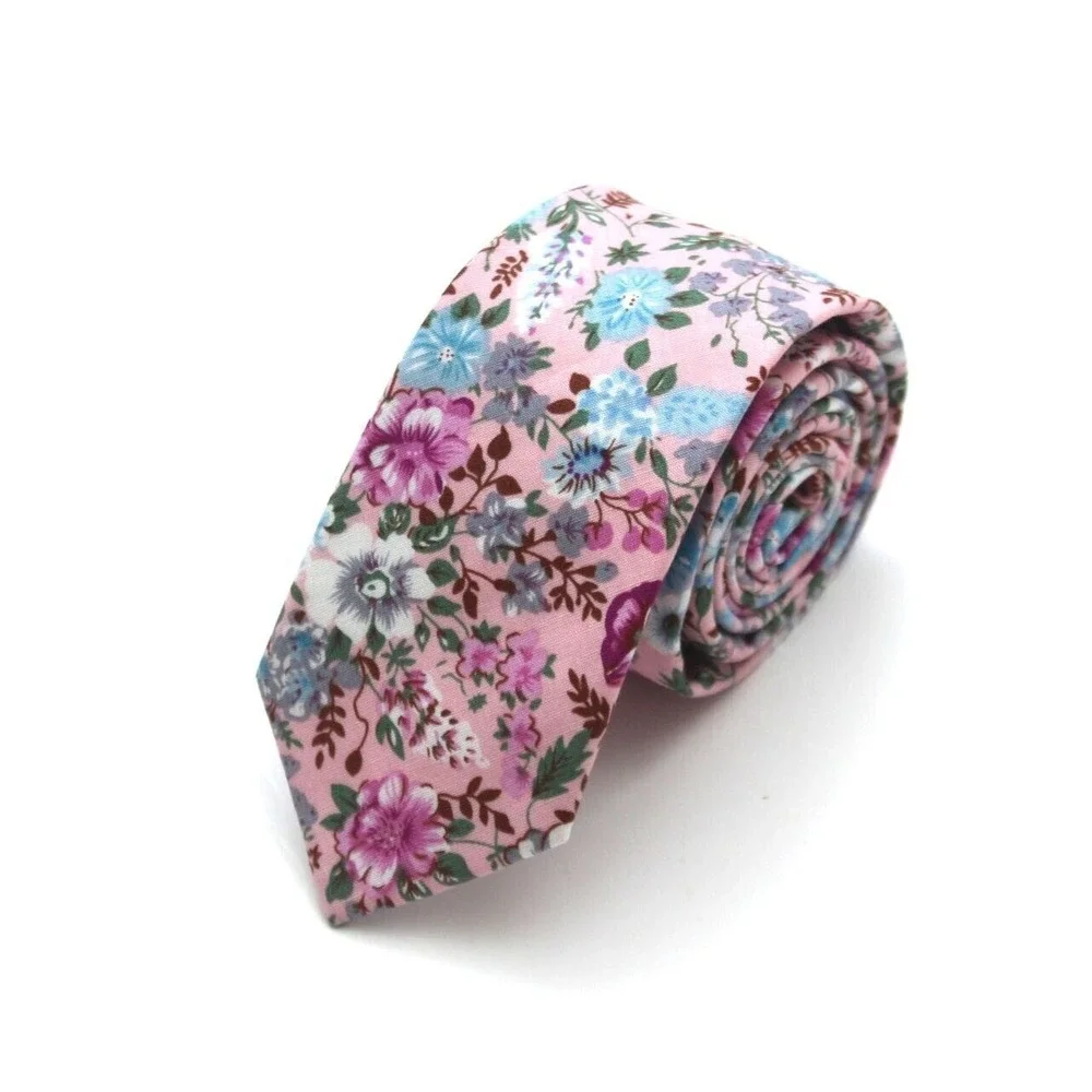 Men's Skinny Necktie Pink Floral Cotton Tie 2.5